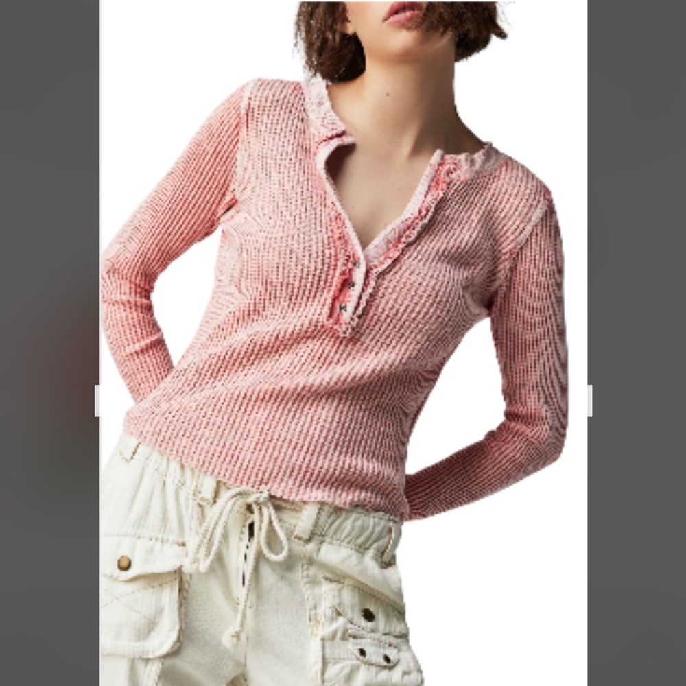 NWT Free People Colt Long Sleeve Waffle Knit Henley Shirt. Size Large in Blush
